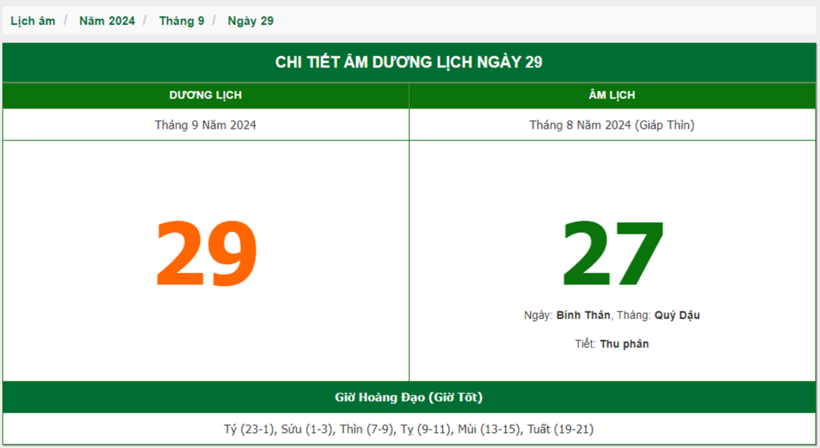 Lịch âm ngày 29 tháng 9 năm 2024.