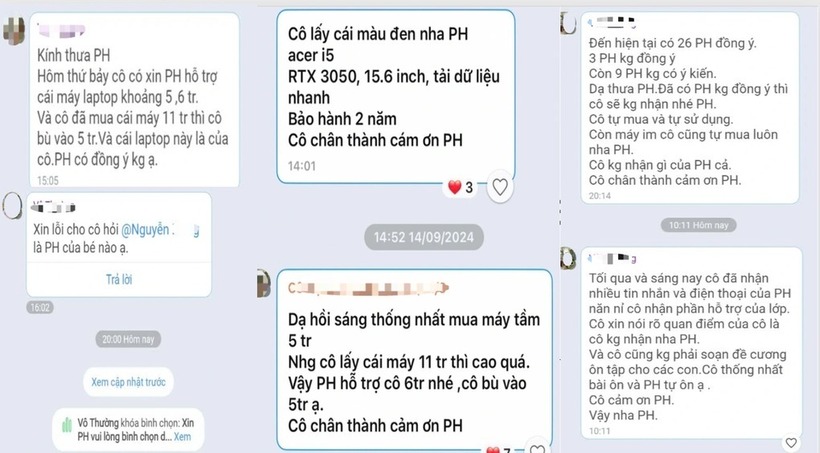 Những tin nhắn xin ủng hộ mua máy tính cá nhân của cô giáo chủ nhiệm nhắn trên nhóm phụ huynh. Ảnh: Dân Việt