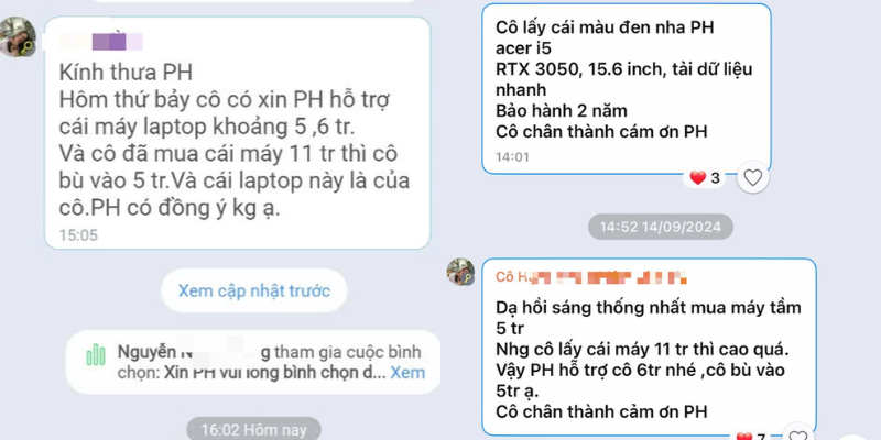 Những tin nhắn xin ủng hộ mua máy tính cá nhân của cô giáo chủ nhiệm nhắn trên nhóm phụ huynh. Ảnh: Người Lao Động