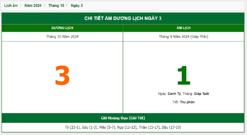 Lịch âm ngày 3 tháng 10 năm 2024.