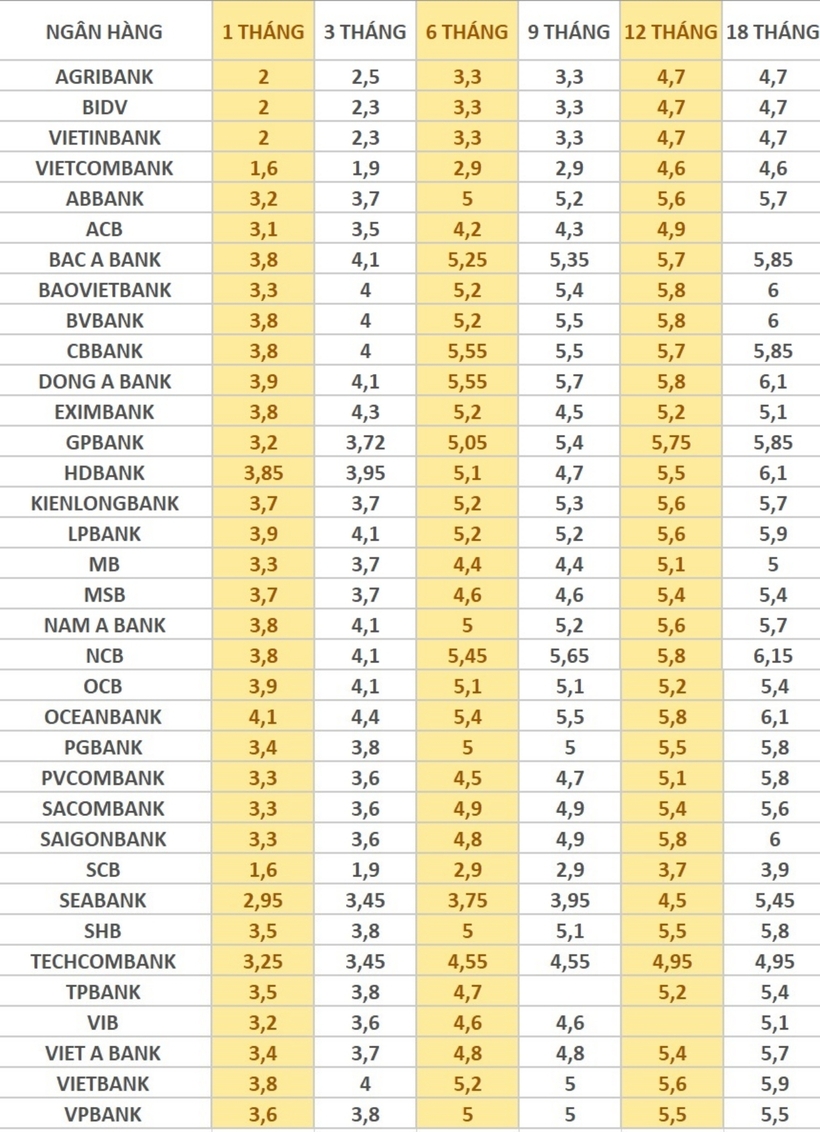 Chi tiết biểu lãi suất tiền gửi tiết kiệm tại các ngân hàng, cập nhật ngày 6/10/2024