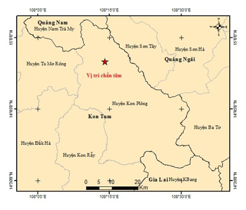 Vị trí xảy ra 6 trận động đất liên tiếp sáng nay ở Kon Tum. Ảnh: Sức khoẻ & Đời sống