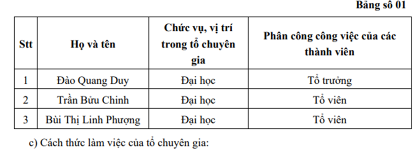 Thành phần tổ chuyên gia.