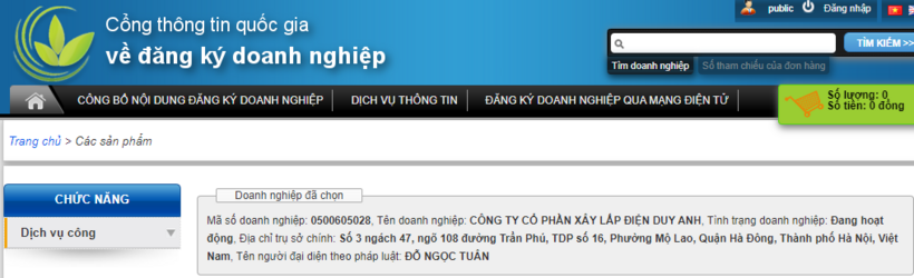 Địa chỉ của Công ty Duy Anh trên Cổng thông tin quốc gia về đăng ký doanh nghiệp. Ảnh chụp màn hình ngày 1/10.