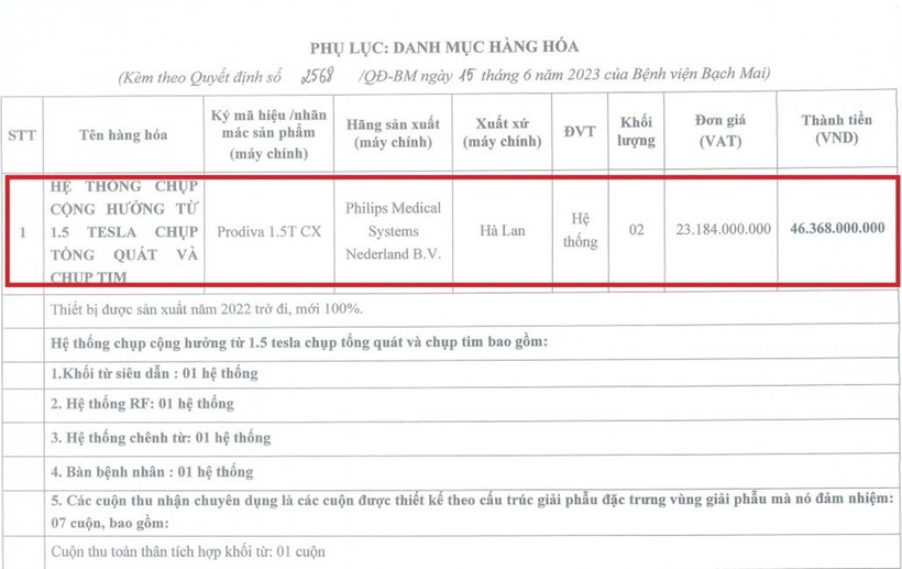 Hệ thống chụp cộng hưởng từ 1.5 Tesla chụp tổng quát và chụp tim có giá 23,1 tỷ đồng/hệ thống.