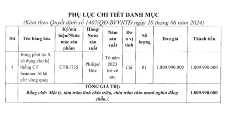 CTCP thiết bị y tế PCG cung cấp Bóng phát tia X sử dụng cho hệ thống CT Scanner 16 lát cắt/ vòng quay với giá hơn 1,8 tỷ đồng.