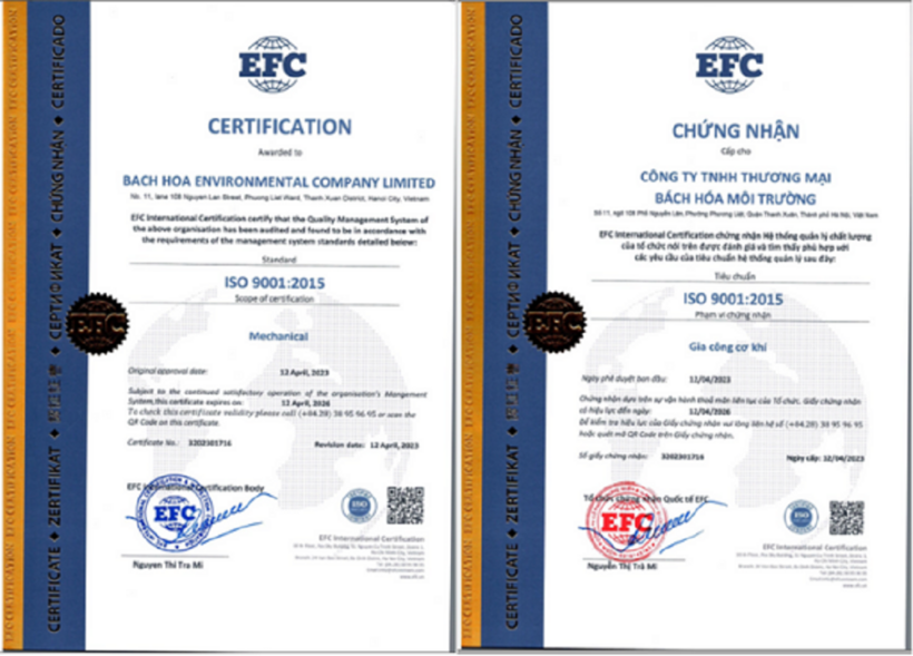 Sản phẩm của Bách Hóa Môi Trường đạt tiêu chuẩn chất lượng ISO 9001:2015