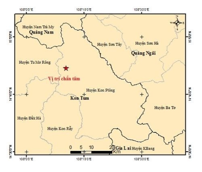 Vị trí chấn tâm trận động đất ngày 13/10 tại Nam Trà My.  Ảnh: Báo Công an Đà Nẵng