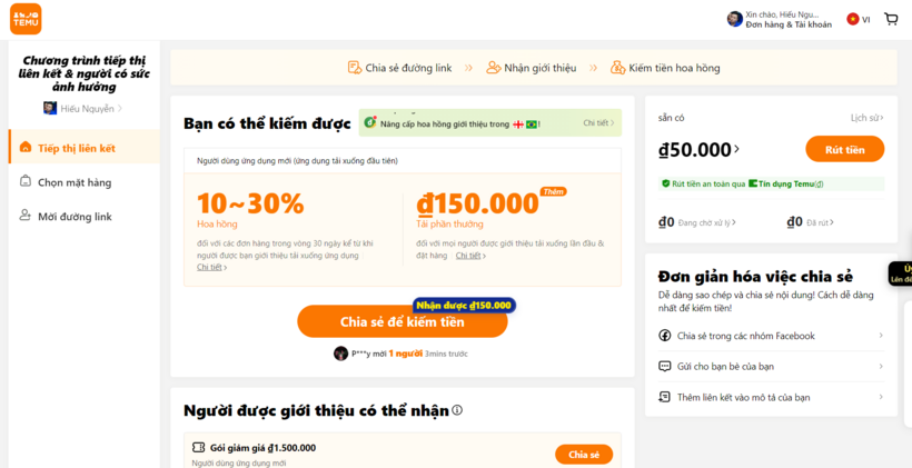 Giao diện chương trình tiếp thị liên kết của Temu.