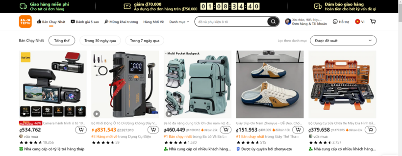 Giao diện của sàn thương mại điện tử Temu.