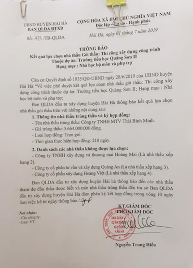 Thái Bình Minh "đánh bại" Quảng An, Hoàng Việt, Hoàng Mai trúng gói thầu trị giá 5,6 tỷ đồng.