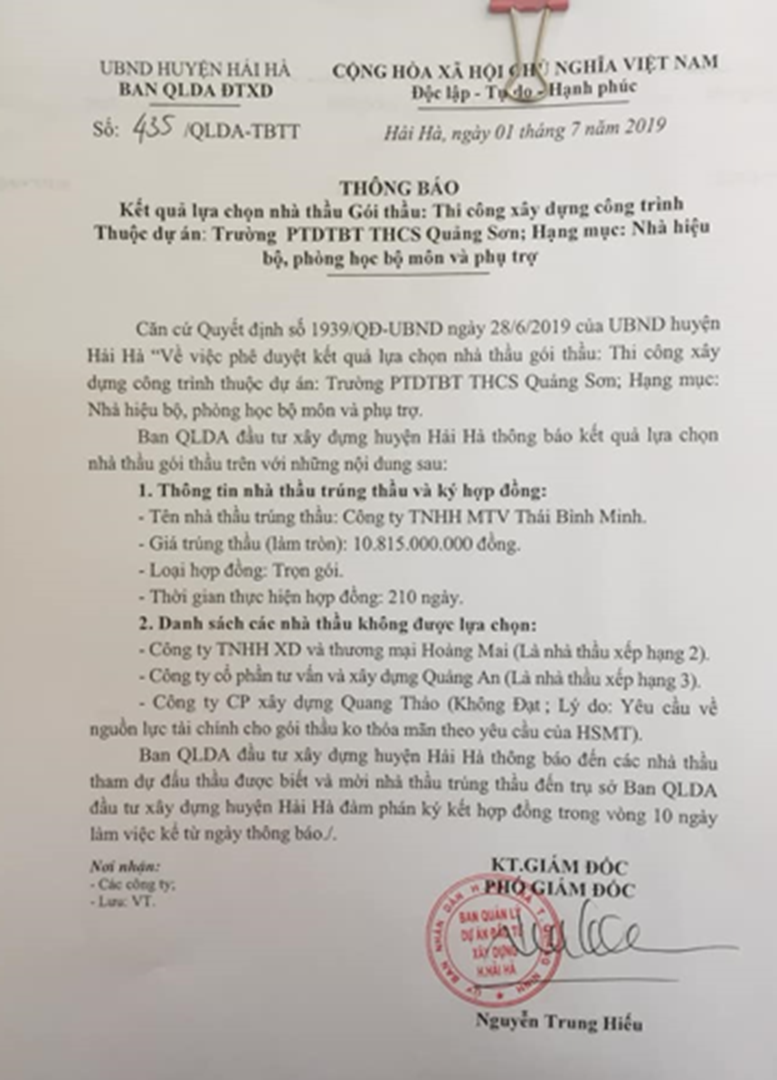 Căn cứ theo Quyết định số 1939, Thái Bình Minh và Hoàng Mai đối đầu ở gói thầu thi công xây dựng trị giá 10,8 tỷ đồng.