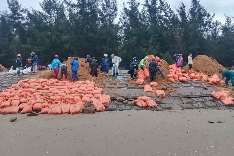 Các lực lượng cùng người dân đã vận chuyển khoảng 40m3 cát cho vào 300 bao tải đắp gia cố tạm vào các vị trí sạt lở. Ảnh: Lao Động