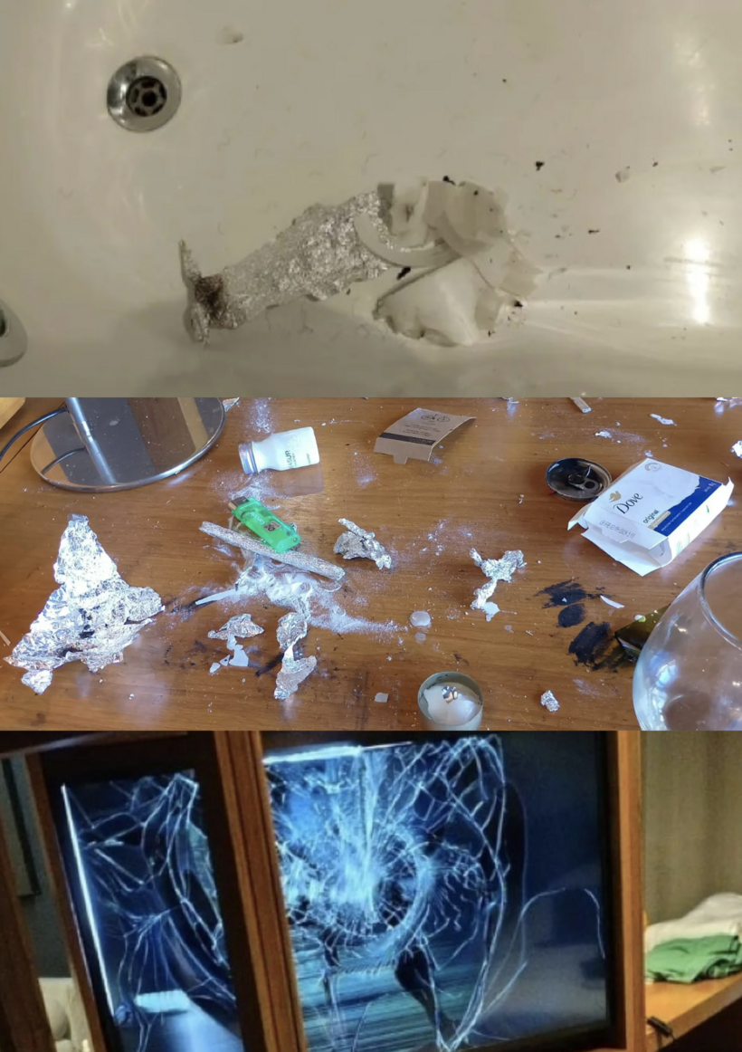 Hiện trường phòng khách sạn hỗn loạn, với nhiều đồ đạc bị đập vỡ của nam ca sĩ.