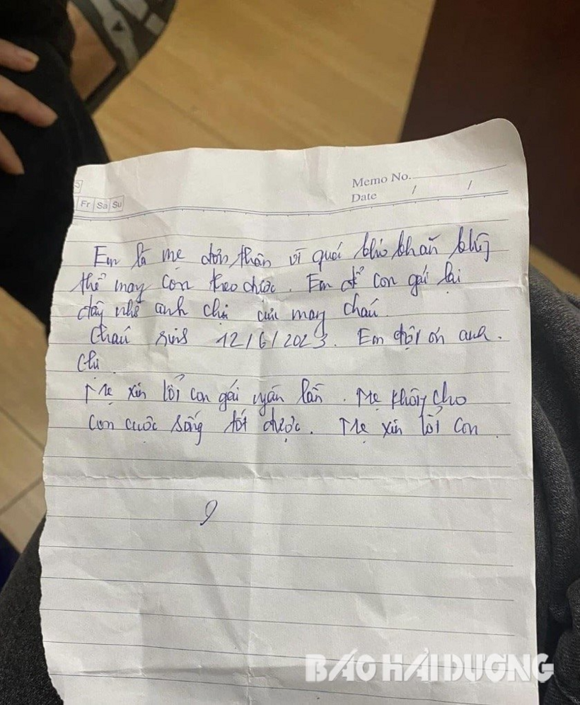 Bức thư mẹ cháu bé để lại. Ảnh: Báo Hải Dương