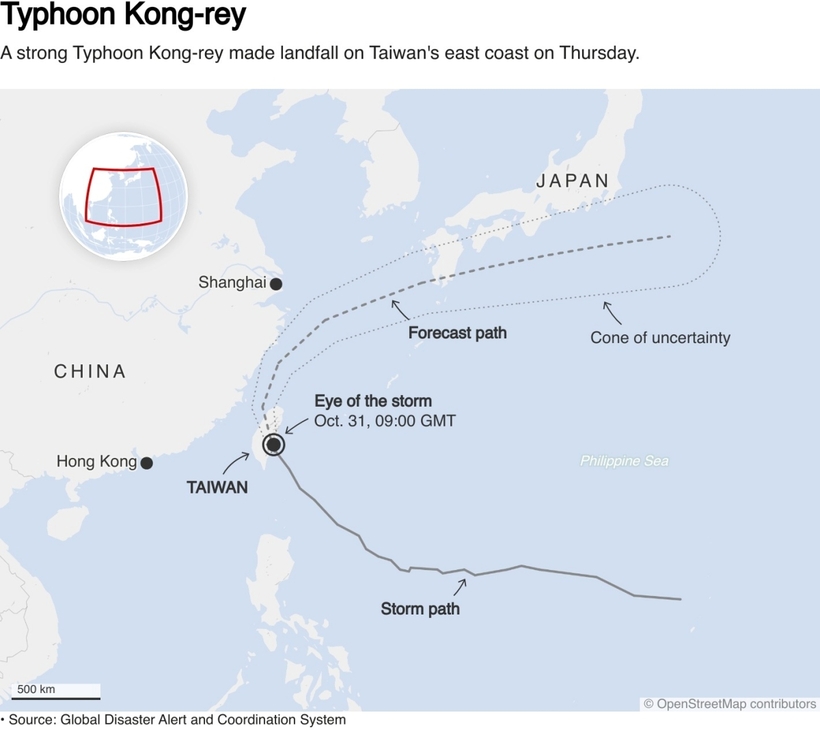 Bản đồ thể hiện hướng di chuyển thực tế và dự báo của bão Kong-rey. Ảnh: Reuters