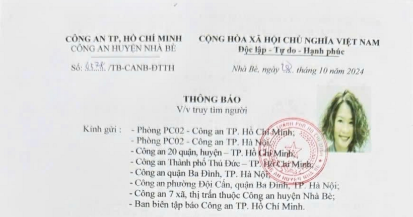 Thông báo truy tìm của Công an huyện Nhà Bè (Ảnh: CACC)