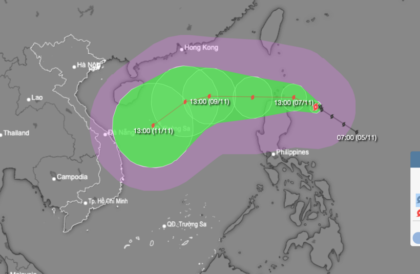 Dự báo vị trí và hướng di chuyển bão Yinxing lúc 13h ngày 6/11. (Ảnh: NCHMF)