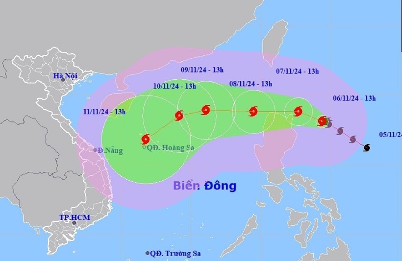 Dự kiến đường đi của cơn bão YINXING. Ảnh: NCHMF