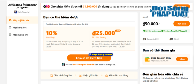 Temu đã điều chỉnh hoa hồng chương trình tiếp thị liên kết chỉ còn 10% giá trị đơn hàng và  25 nghìn đồng cho mỗi khách hàng mới.