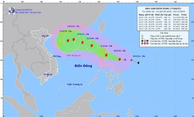 Hướng di chuyển của bão số 8 lúc 14 giờ, ngày 10/11. Ảnh: Trung tâm Dự báo Khí tượng Thủy văn Quốc gia