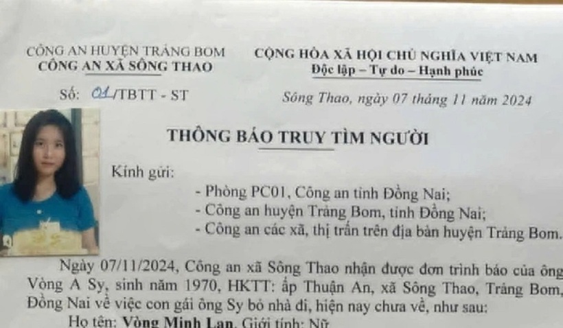 Thông báo tìm nữ sinh 15 tuổi ở Đồng Nai mất liên lạc nhiều ngày. Ảnh: Pháp luật TP.HCM