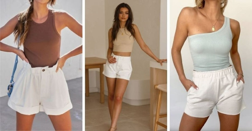 Kết hợp quần shorts trắng với áo thun form rộng, áo croptop hoặc áo hai dây.