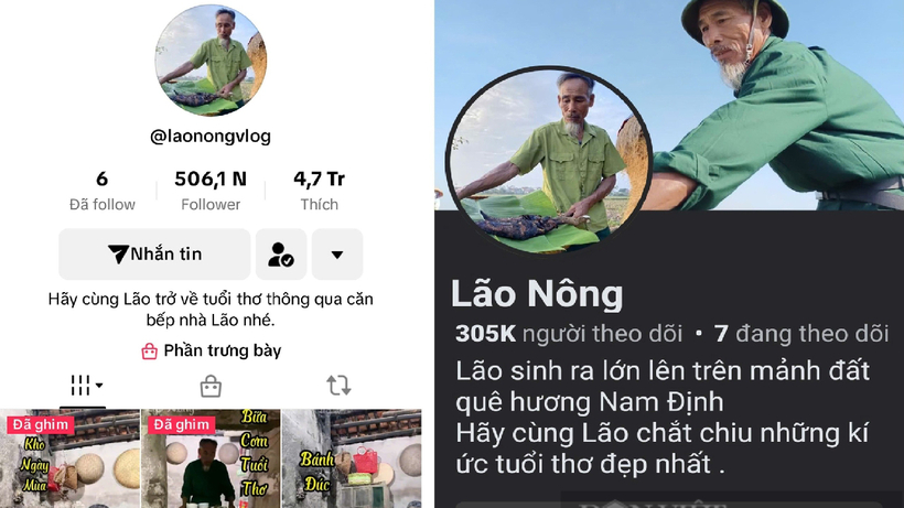 Kênh Tiktok "Lão Nông vlog" đã có hơn 500.000 người follower (bên trái) và Facebook "Lão Nông volg" thu hút hơn 300.000 người theo dõi (bên phải). Ảnh: Dân Việt.