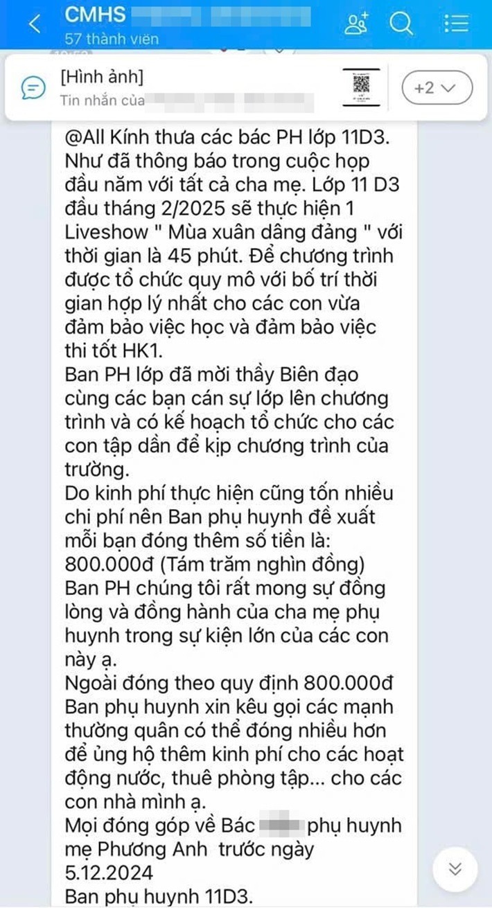 Tin nhắn Ban phụ huynh gửi nhóm chát lớp 11D3. Ảnh: Vietnamnet