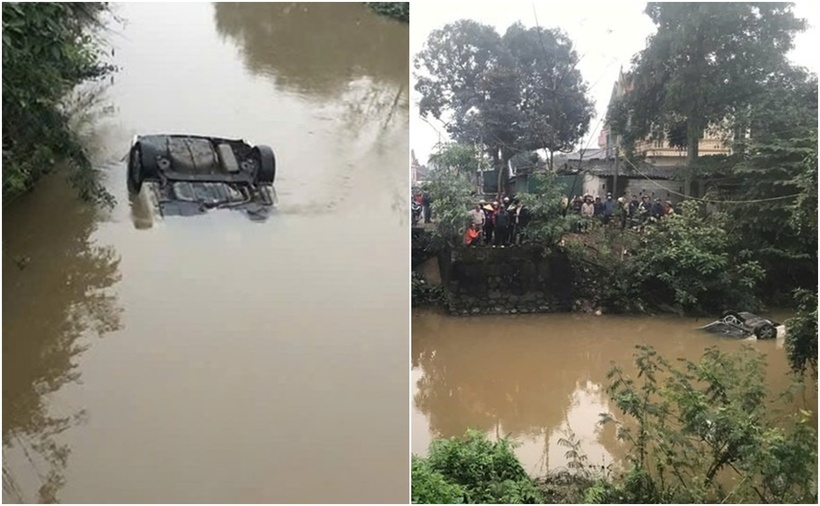 Hiện trường chiếc ô tô con rơi xuống kênh Nhà Lê tại huyện Đức Thọ. (Ảnh: Tuổi trẻ)