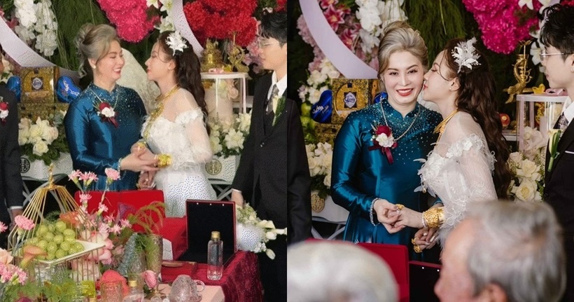 Trong lúc trao quà cưới cho con dâu, bà luôn cười rạng rỡ. Ảnh: Tri thức Cuộc sống.