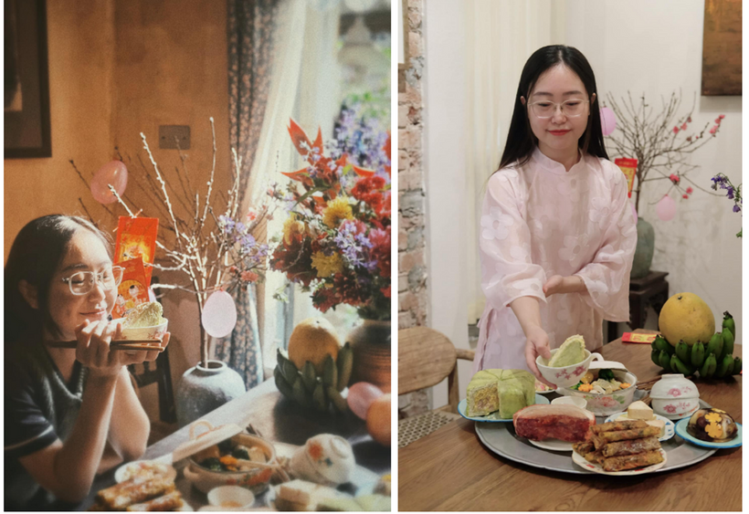 Thùy Dương đã "níu giữ" ký ức tuổi thơ bằng cách tái hiện lại mâm cỗ Tết xưa.