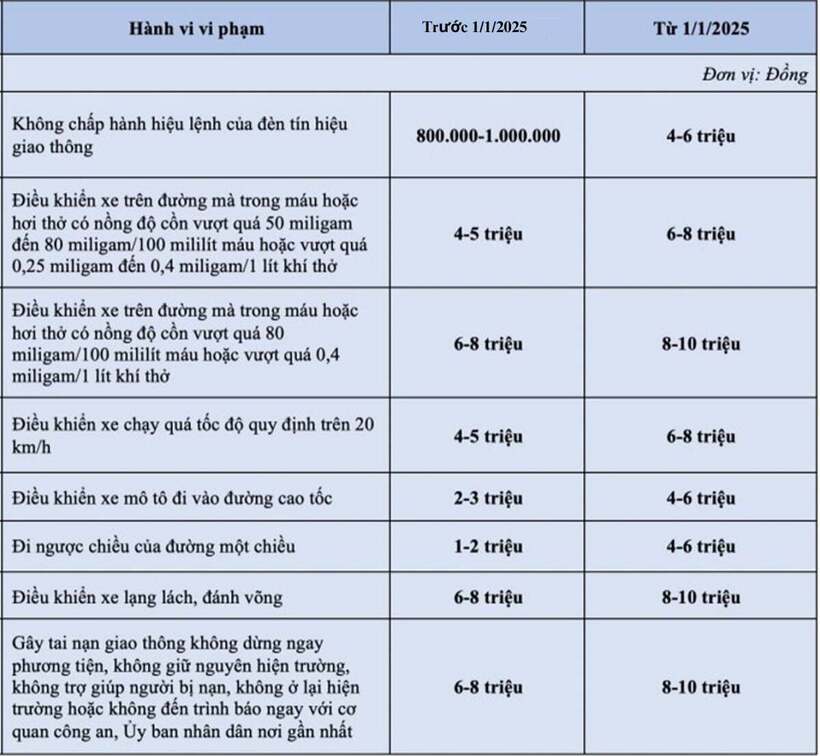 Chi tiết những lỗi vi phạm giao thông tăng mức phạt 20-30 lần từ năm 2025. Nguồn: VnExpress