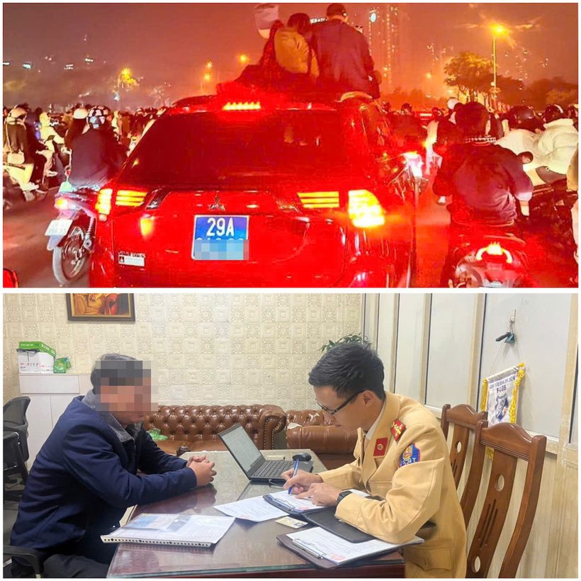 CSGT lập biên bản xử lý điều khiển ô tô biển xanh chở người trên nóc xe