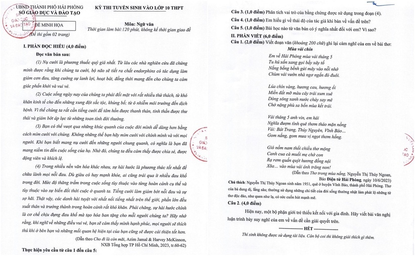 Đề thi minh họa môn ngữ văn vào lớp 10 năm 2025 của Hải Phòng. (Ảnh: Sở GD&ĐT Hải Phòng)
