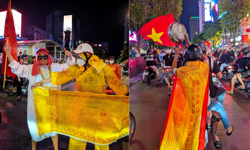 Các đạo cụ phục vụ buổi diễu hành ăn mừng chiến thắng như nồi niêu, mâm,… cũng được các cổ động viên tận dụng tối đa.