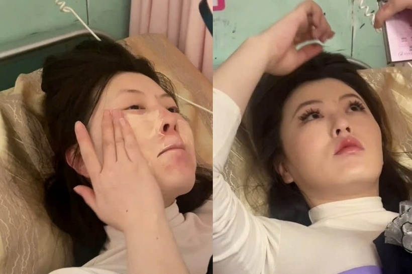 Sản phụ làm đủ các bước trang điểm dù đang trong cơn chuyển dạ. Ảnh: SCMP