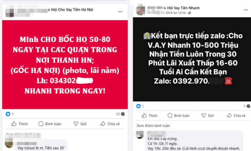 Các bài đăng cho vay tiền trên hội nhóm facebook với thủ tục nhanh gọn thu hút nhiều lượt quan tâm.