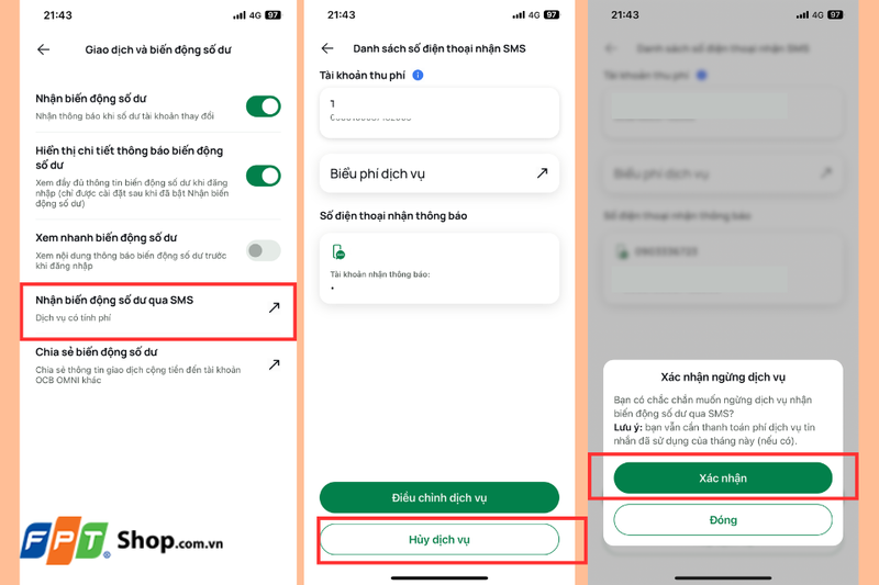 Hủy dịch vụ SMS Banking ngay trên ứng dụng OCB OMNI.