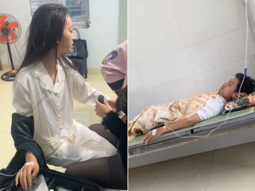 Cô dâu có vẻ ngoài ốm yếu, tay cắm kim truyền, vừa trang điểm vừa truyền nước, chú rể nằm trên giường bệnh truyền nước. Ảnh: Vietnamnet.