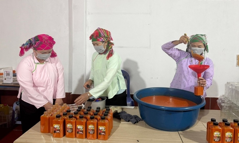Người dân đóng tương ớt đặc sản Mường Khương vào chai để kịp cung cấp cho khách hàng trong thời điểm cận tết.