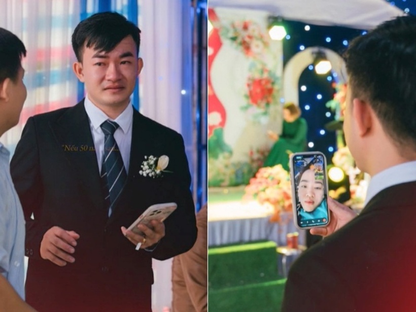 Chú rể đứng giữa rạp cưới với đôi mắt đỏ hoe, gương mặt buồn bã. Ảnh: Vietnamnet.