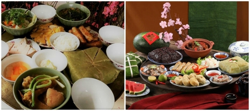 Mâm cỗ Tết của người Việt không thể thiếu món đặc trưng là bánh chưng (hoặc bánh tét). Ngoài ra, tùy từng vùng miền khác nhau mà mâm cỗ mặn có những món khác nhau.