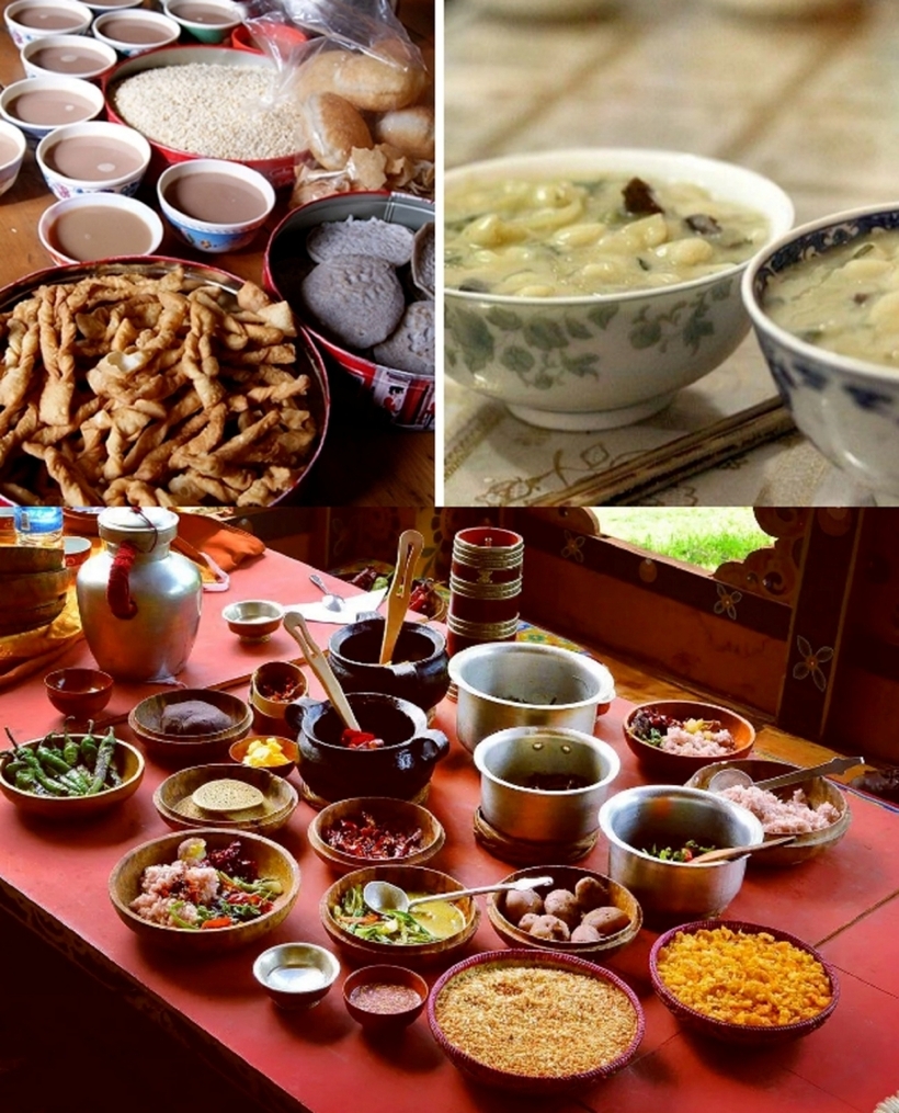 Trong ngày đầu tiên của năm mới, người dân ở "đất nước hạnh phúc nhất thế giới" sẽ thức dậy sớm và dùng bữa ăn sáng truyền thống trùng với thời gian mặt trời mọc. Các món ăn không quá cầu kỳ, bao gồm chủ yếu là bánh quy chiên, mía thái hạt lựu, gạo lên men, các món hầm, cháo và phô mai, trà... Món ăn bắt buộc có trong năm mới là chuối xanh và mía. Người dân Bhutan tin rằng chúng sẽ đem lại may mắn và tốt lành.