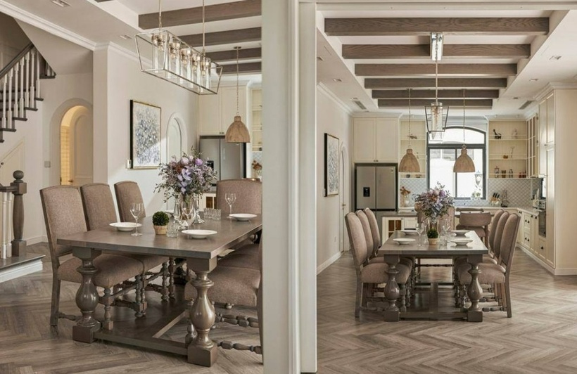 Khu bàn ăn rộng rãi được chế tác từ gỗ tự nhiên.