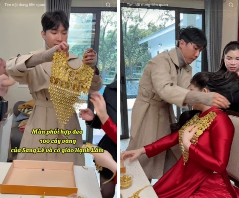 Hình ảnh cô dâu đeo tới hơn 100 cây vàng khiến khắp cõi mạng phải dậy sóng. Ảnh: &nbsp;@hanhlam.makeup, nhothu1909, sangle.makeupartist