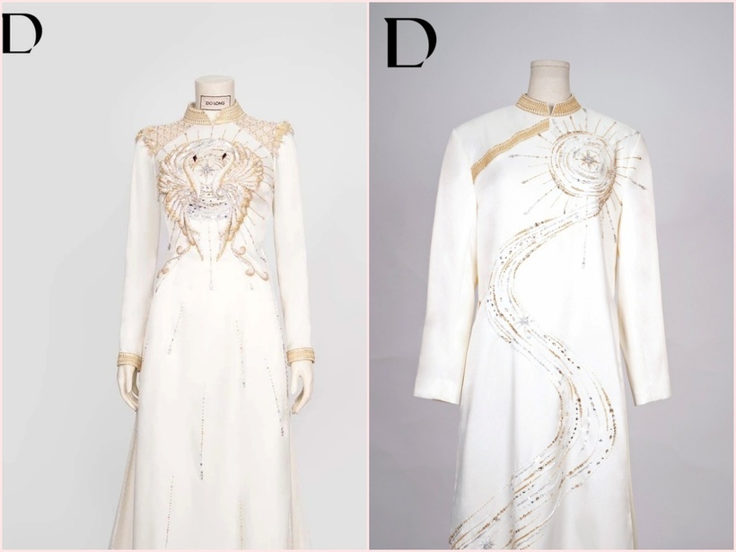 NTK Đỗ Long chia sẻ anh sử dụng phom áo dài truyền thống với tông màu trắng tinh khôi kết hợp kỹ thuật thêu đính thủ công bằng đá swarovski. Ảnh: Tri Thức