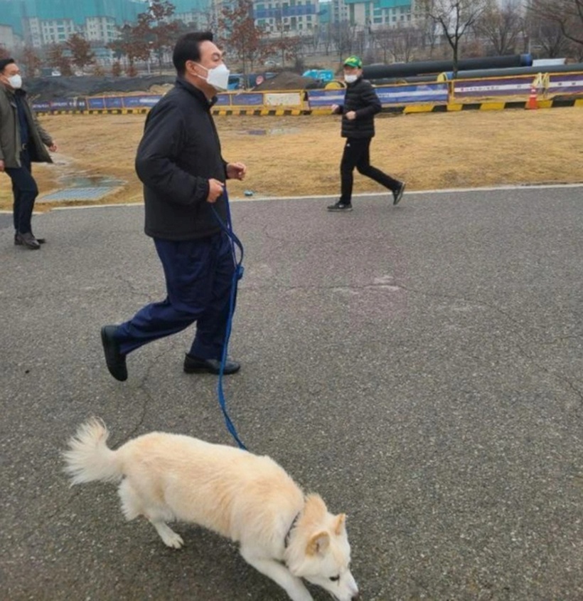 Tổng thống Yoon Suk-yeol đưa chú chó Tori đi dạo ở Công viên Hangang vào năm 2022. Ảnh: Korea Times