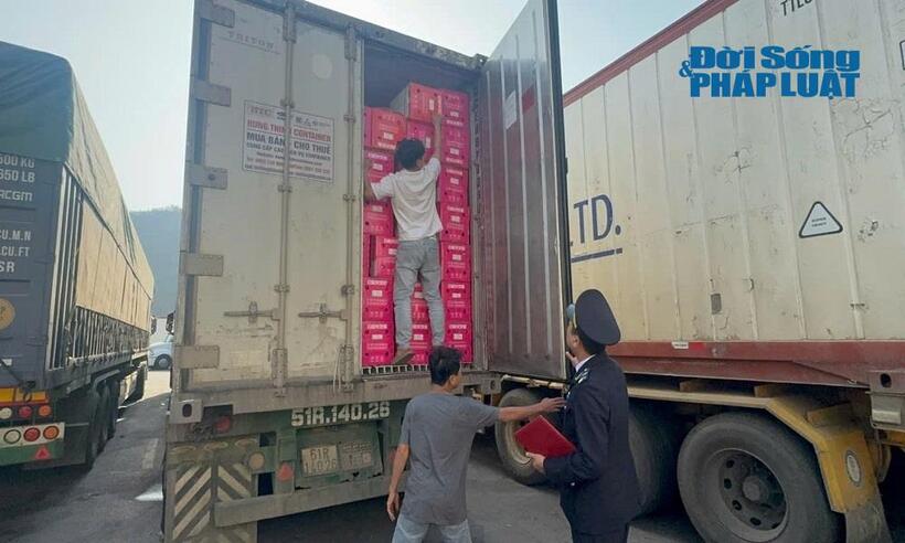 Lực lượng chức năng tiến hành kiểm tra những lô hàng Trong các container tại cửa khẩu Tân Thanh.
