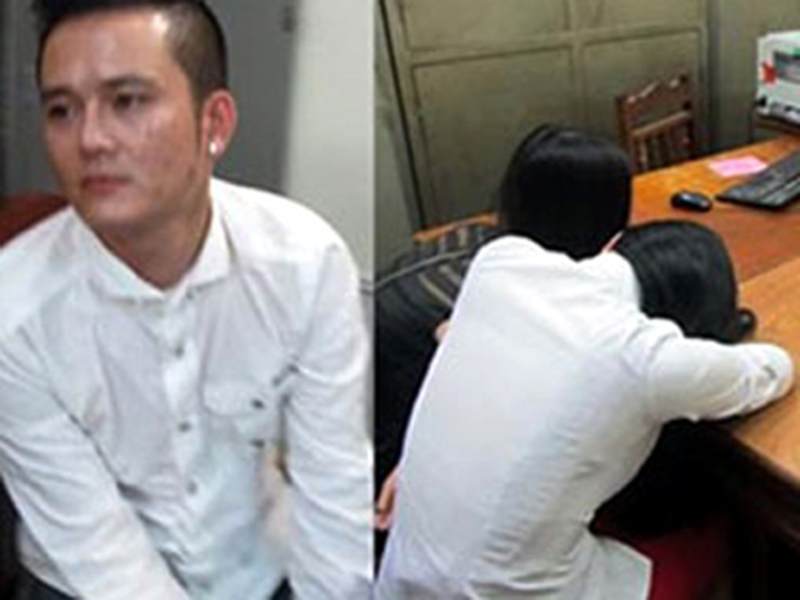 Nguyễn Văn Hoàng (tức Hoàng 'mẫu", trái) và 2 gái bán dâm bị bắt quả tang sau khi bị bắt giữ tại cơ quan công an. Ảnh: Người Lao Động